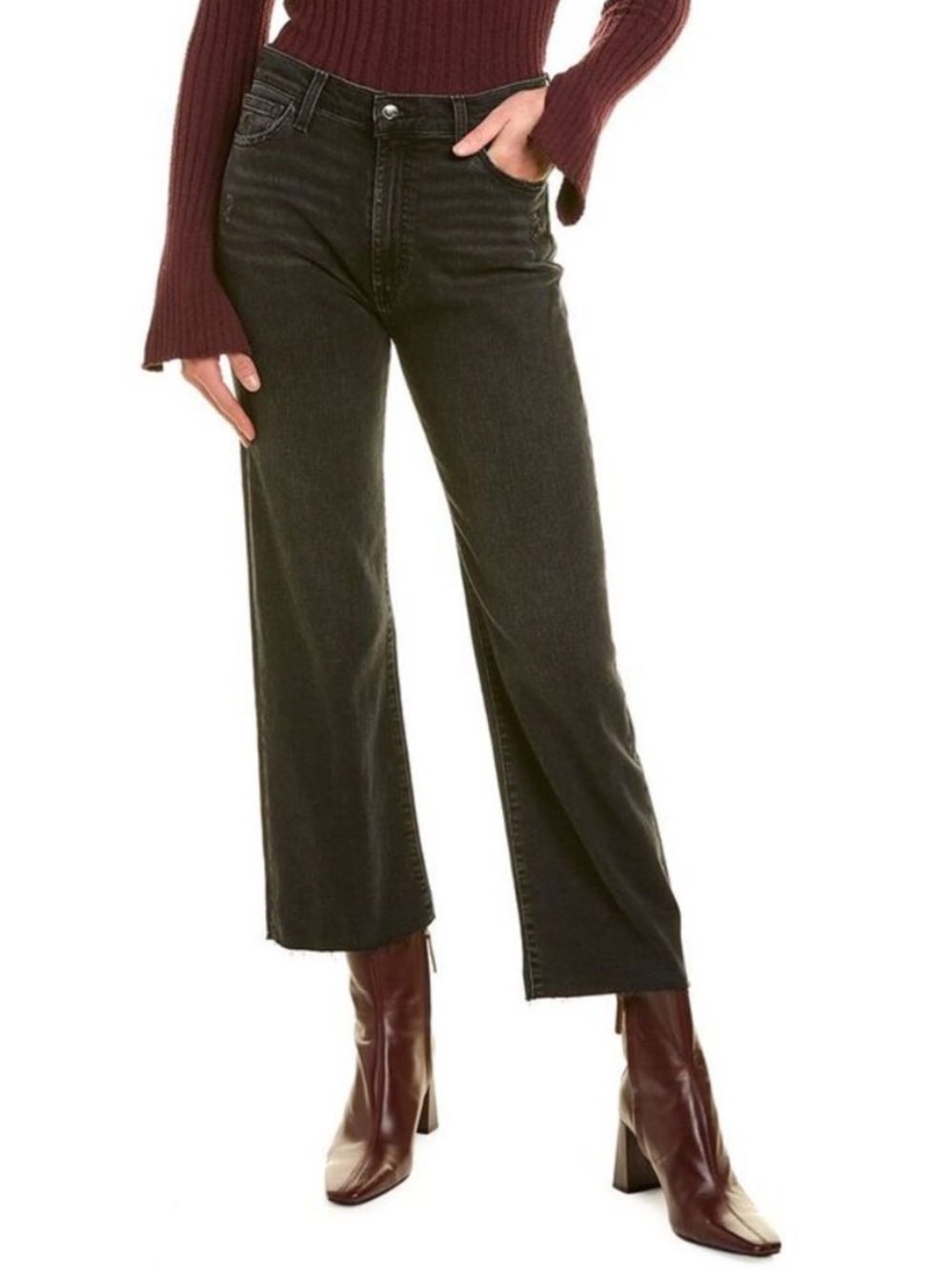 Joe’s Jeans Isagel High-Rise Wide Leg Crop Jean Black Distressed Raw Hem
